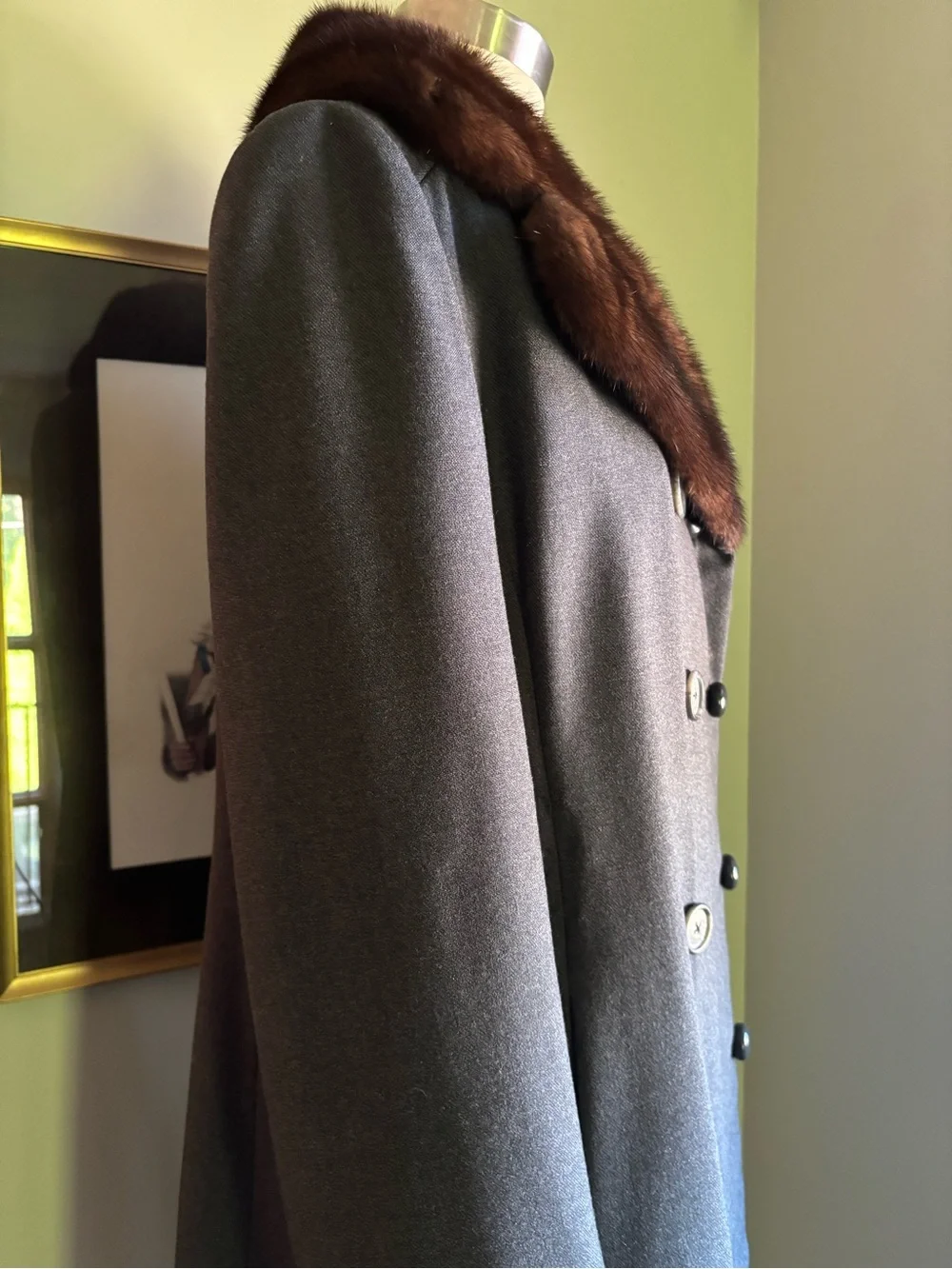 Women's Grey Wool Coat with Fur Collar